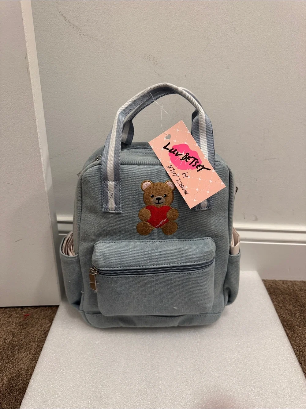 Betsey Johnson luv Betsey denim teddy bear embroidered backpack NWT